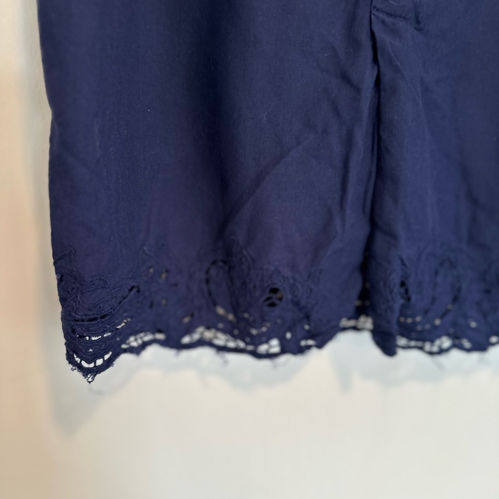 VTG 80s Hibis SzM Navy blue Lightweight midi-length pencil skirt Eyelet lace hem - Picture 9 of 11
